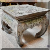 F08. Carved Asian footstool with pastel paint. 11”h x 14”w x 14”d 